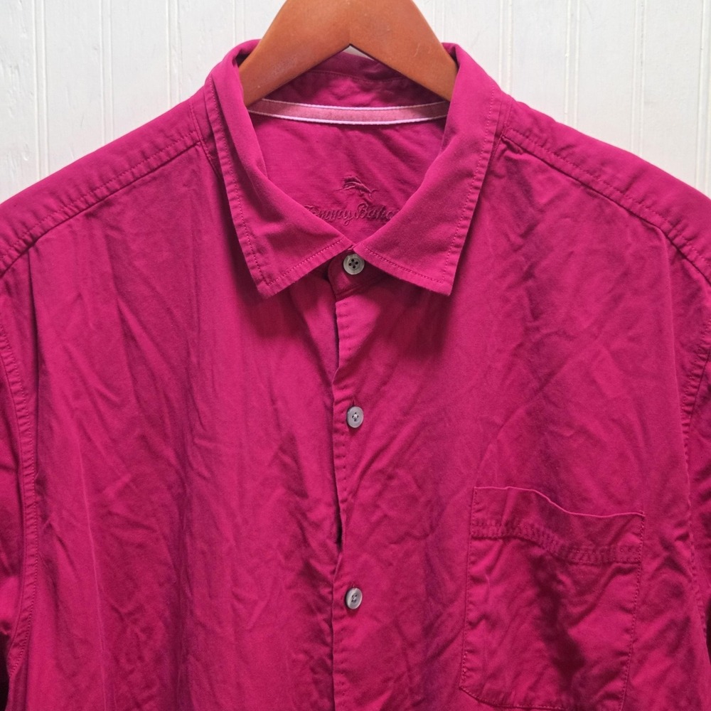 Tommy Bahama Shirt Mens 2XL Pink Solid Short Sleeve Button Up Silk Blend Stretch